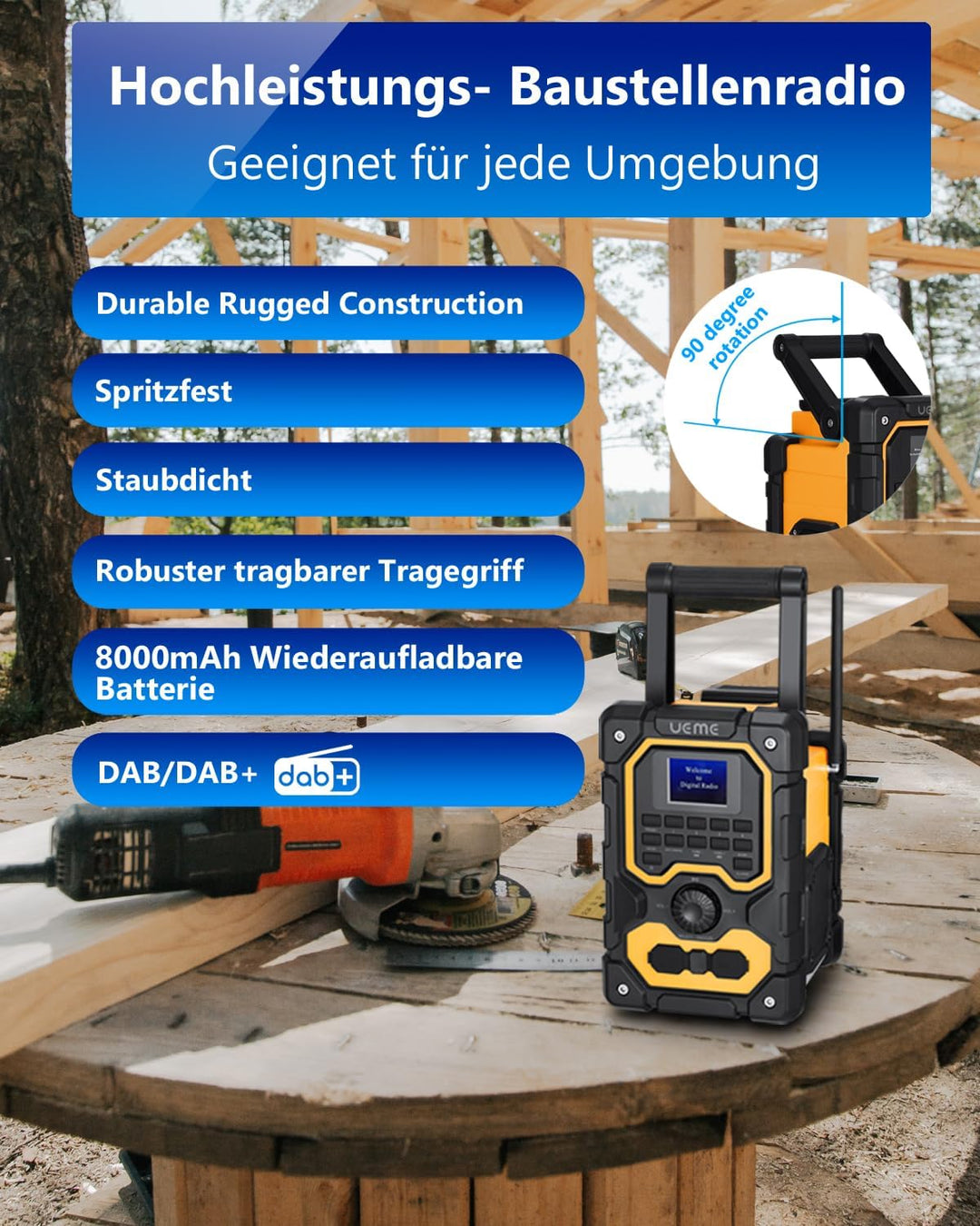 Baustellenradio Robustes DAB+ FM Radio mit Bluetooth, Ladestation, Aux Anschluss, Wiederaufladbarer