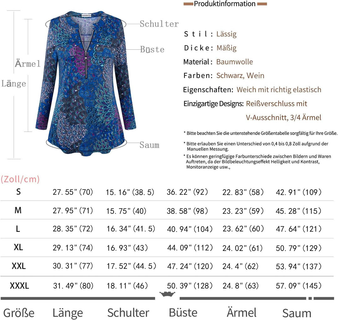Siddhe Damen V-Ausschnitt Bluse 3/4 Ärmel Tunika Reissverschluss Langshirt Langarm Hemd Tops T-Shirt