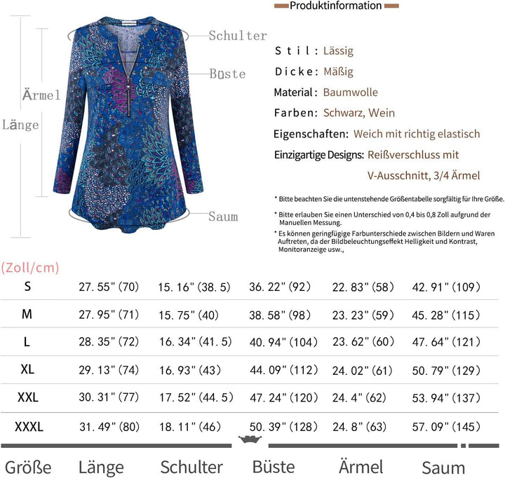 Siddhe Damen V-Ausschnitt Bluse 3/4 Ärmel Tunika Reissverschluss Langshirt Langarm Hemd Tops T-Shirt