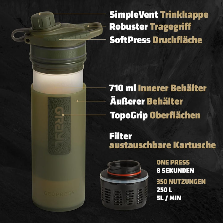 GRAYL GeoPress 24 oz Wasserfilterflasche – Filter für Wandern, Camping, Survival, Reisen Olive Drab,
