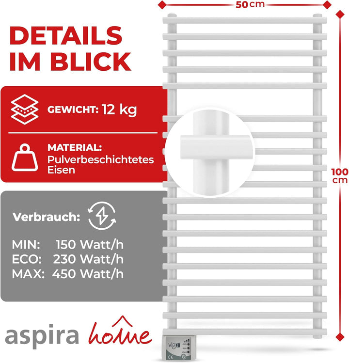 VIGO elektrischer Badheizkörper/Handtuch Radiator - ECO 450 Watt, TÜV geprüft: Inklusive Montage-Set