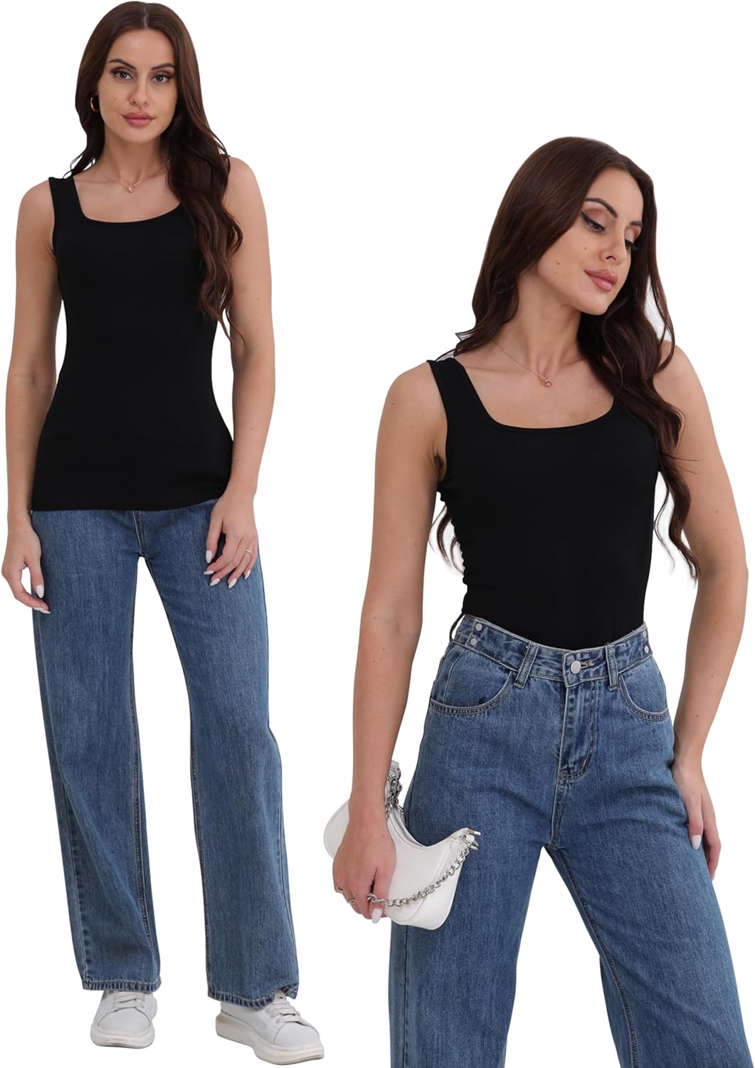 BQTQ 5 Pcs Tank Top Stretch Damen Unterhemden Basic Top Elastische Unterhemd mit Quadratischem Aussc
