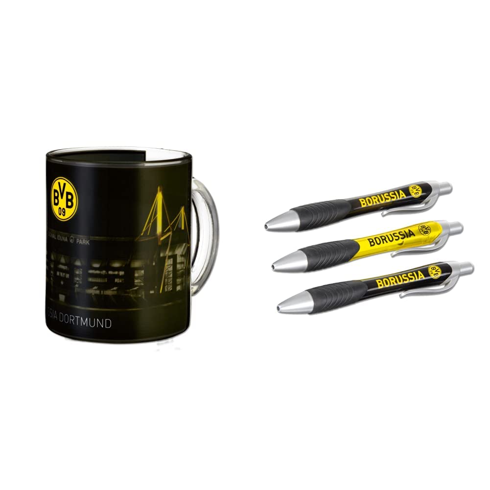 Borussia Dortmund BVB-Zauberglas, 1 Stück (1er Pack) & BVB-Kugelschreiber (3er-Set) Bundle mit BVB-K