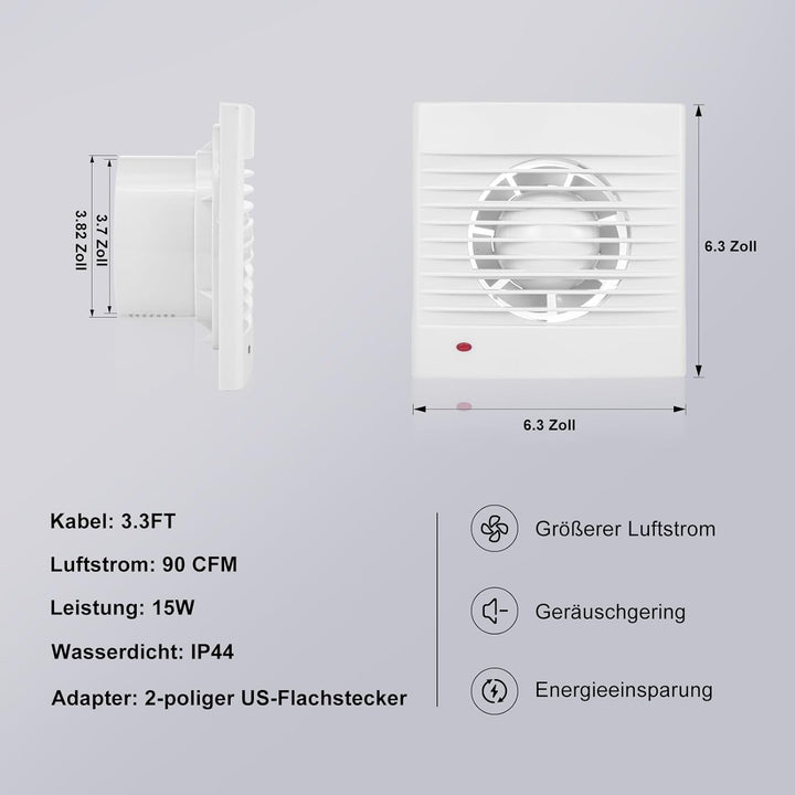TOPIOM 4'' Wall Exhaust Fan, 15W 90 CFM Wall Mount Small Ventilation Fan, ABS Waterproof Wall Mount