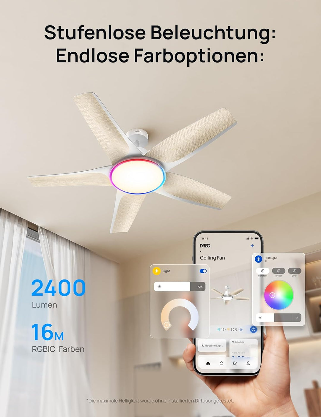 DREO Smarter Low-Profile-Deckenventilator mit Licht, 132 cm, dimmbare LED mit einstellbarer Farbtemp