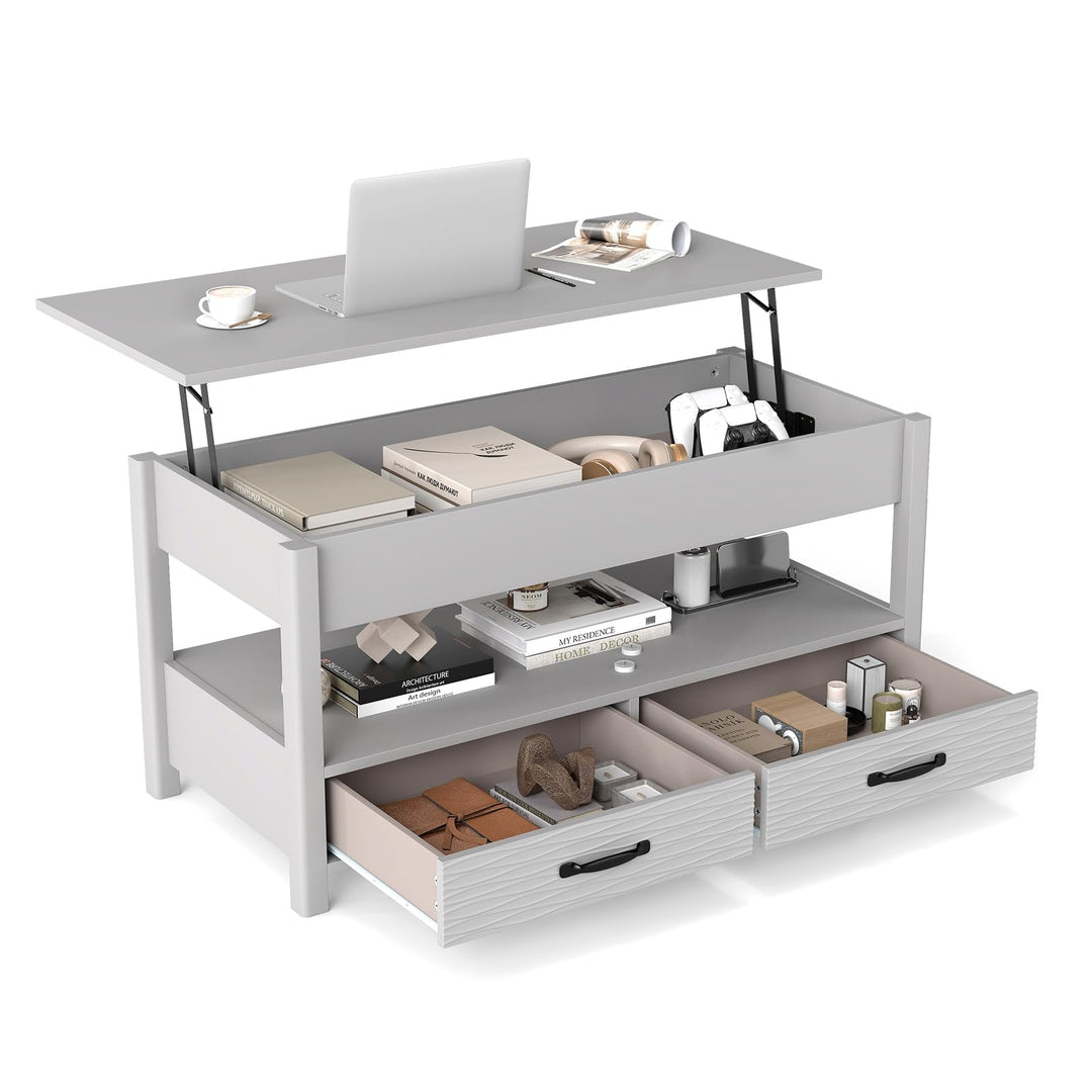 COSTWAY Couchtisch Höhenverstellbar, Sofatisch mit offene Ablage & 2 Schubladen, Wohnzimmertisch mit