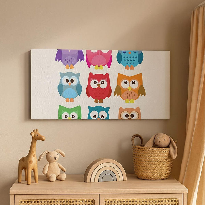 Wandbilder Dekoration Wohnzimmer Eulen Bunt Kinder Zeichnung Panorama Bilder auf Leinwand 120x50cm L