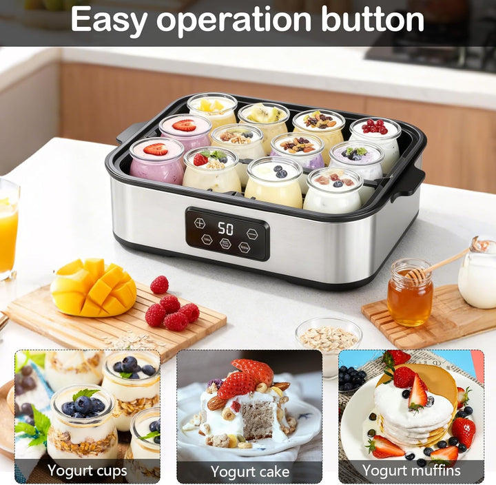 Joghurtbereiter 2200ml, Joghurt Machine mit 12 x 180ml Gläsern, Digitale Joghurtmaschine aus Edelsta