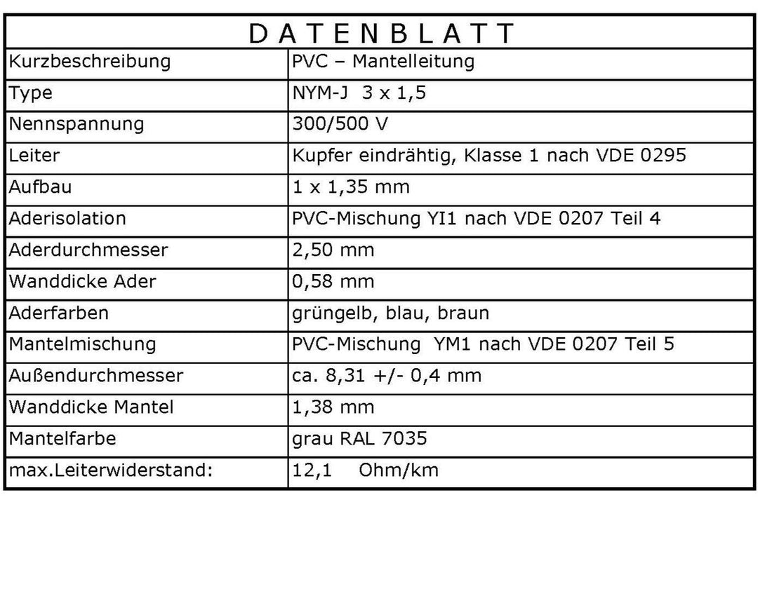 M&G Techno 5m NYM-J 3x1,5 mm² Mantelleitung Feuchtraumkabel Elektrokabel Kupfer Made in Germany NYM-
