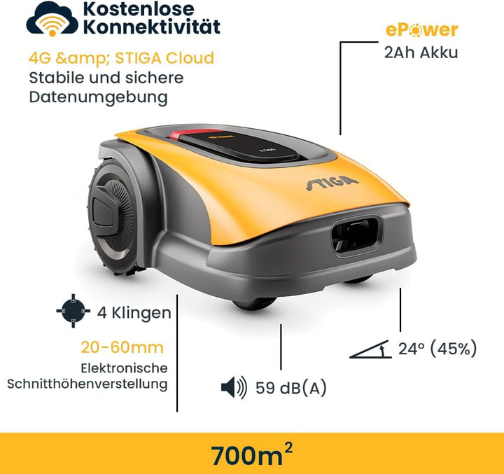 Autonomer Mähroboter, STIGA A500, Flächen bis zu 500m², arbeitet mit GPS-Technologie, Steigungen bis