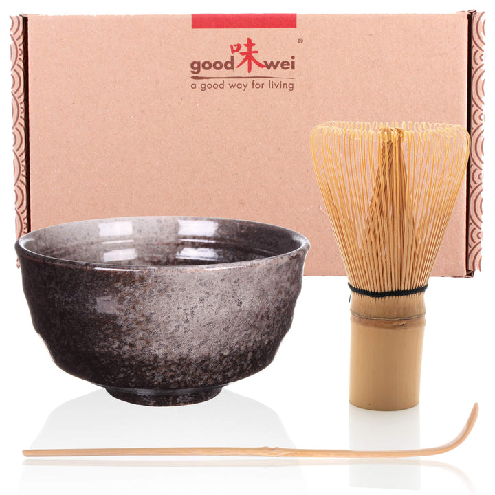 Goodwei Matcha Set mit Matcha Schale aus Keramik, Matchabesen und Bambuslöffel | Geschenkset für Ein
