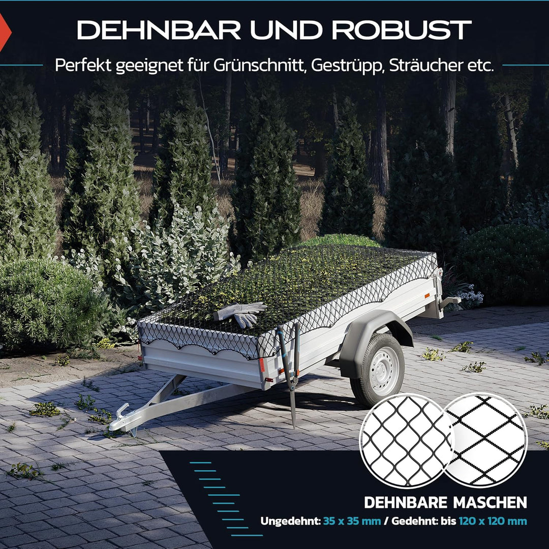 TRIBURG Anhängernetz Dehnbar 1,5x2,7 m bis 2,5x3,5 m | Elastisches Anhänger Netz mit Eckmarkierungen