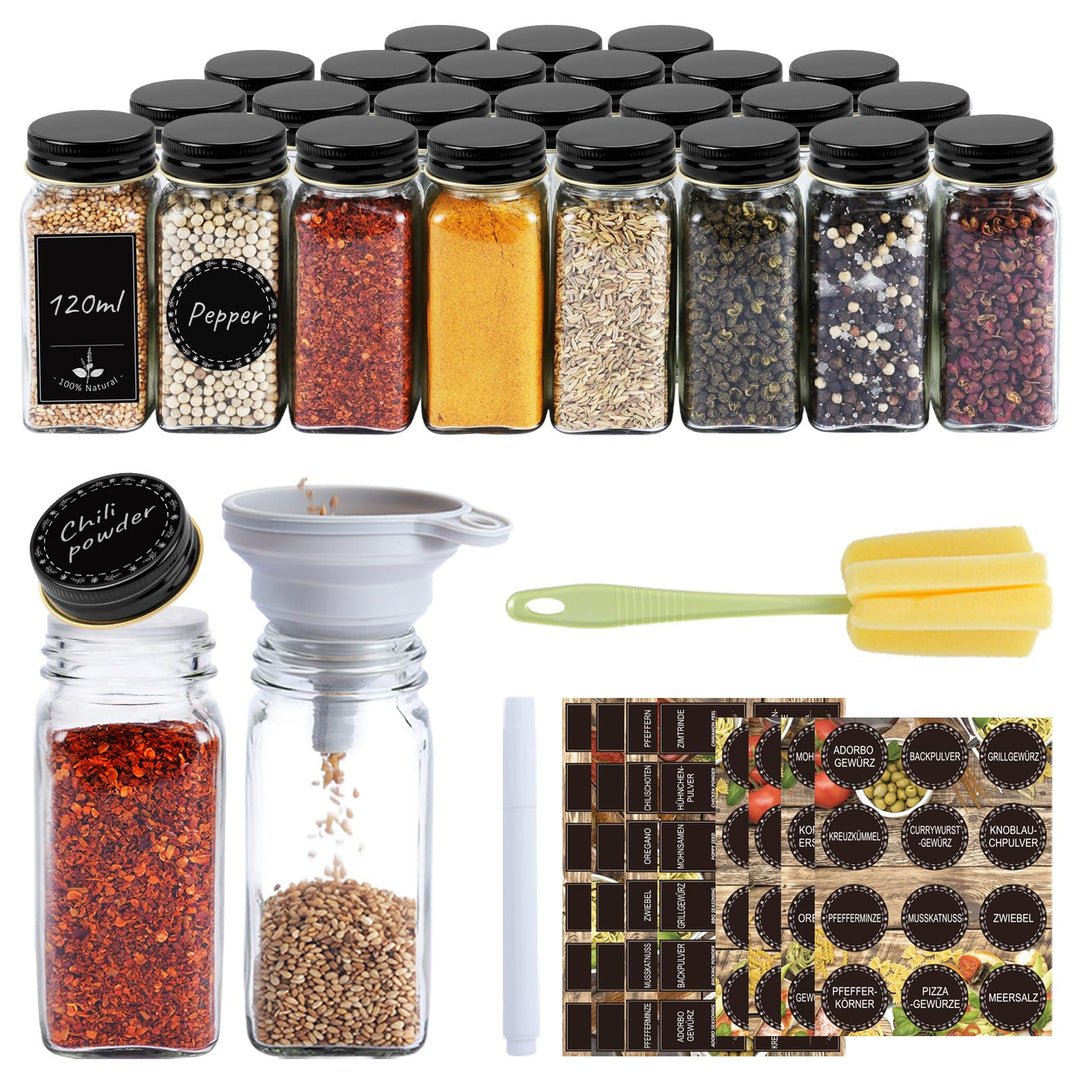 Gewürzgläser Eckig 24er Set 120ml – Gewürzdosen mit Streueinsatz, luftdichtem Schraubdeckel, Inkl. T