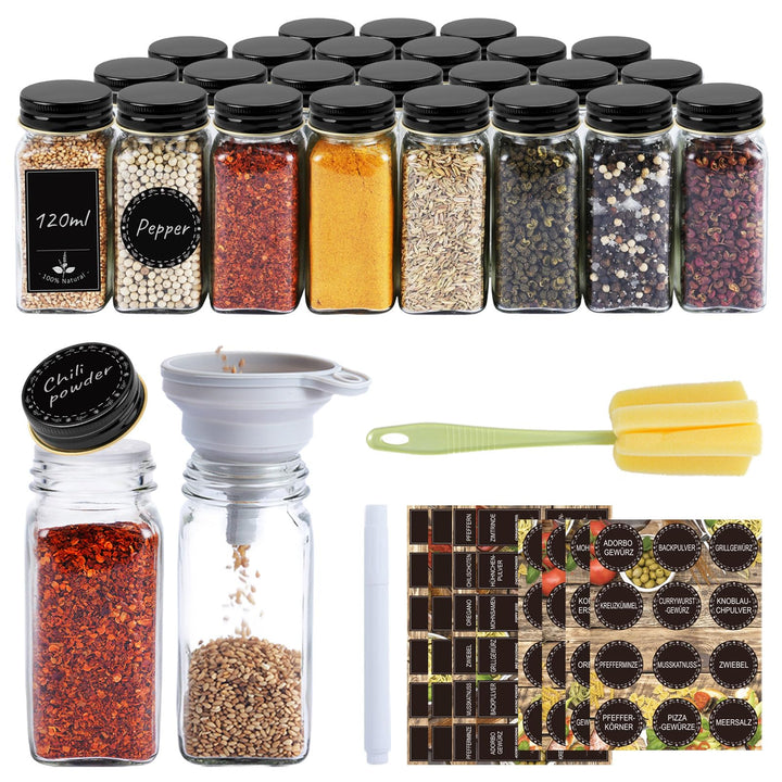 Gewürzgläser Eckig 24er Set 120ml – Gewürzdosen mit Streueinsatz, luftdichtem Schraubdeckel, Inkl. T