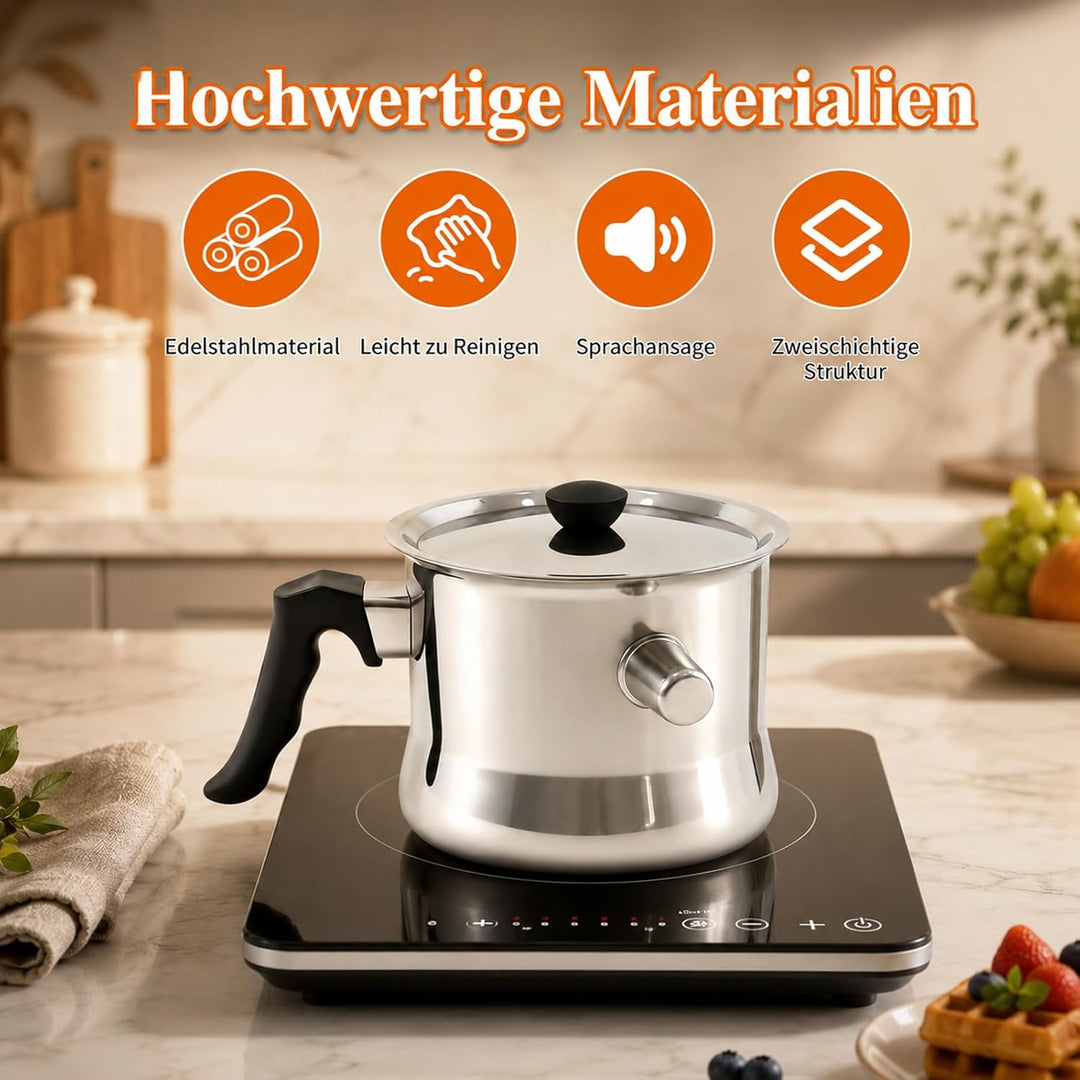 Milchtopf Induktion mit Deckel, 1.5L Milchtopf Doppelwandig, Simmertopf aus Edelstahl, Geeignet für