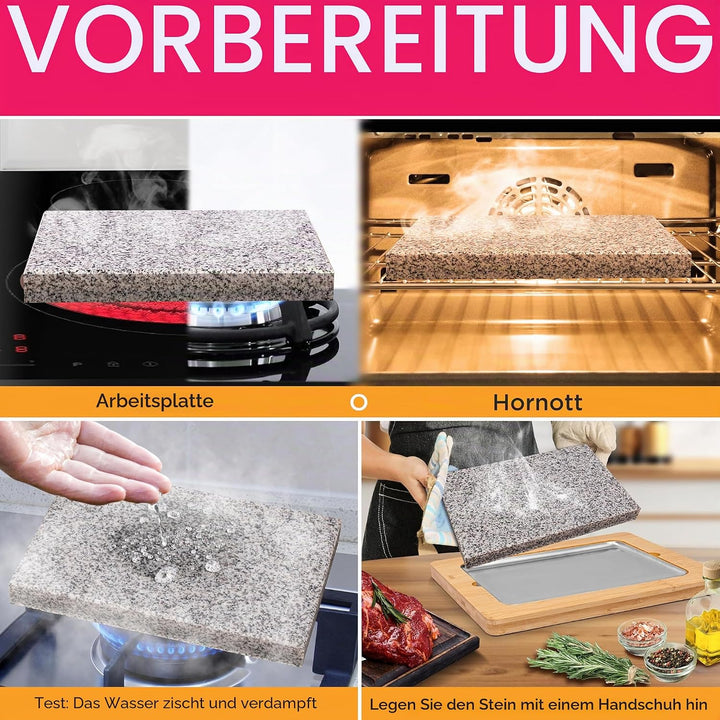 NutriChef Granitstein Grillplatte 38x27cm – Teppanyaki Tischgrill mit Bambusplatte, Antihaft, 290°C,