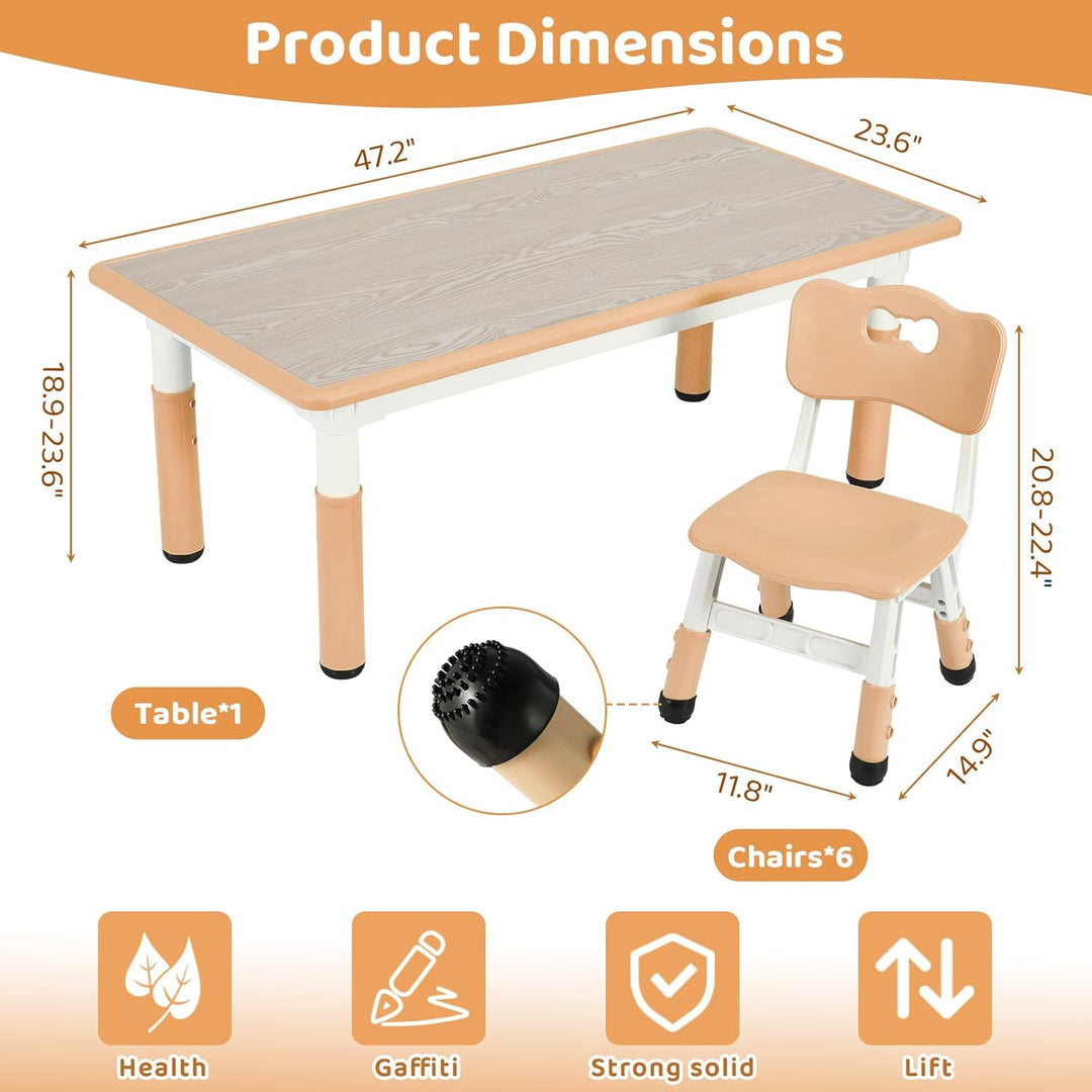 Clevich Kindertisch mit 6 Stühlen,Kinder Tisch Stuhl Set für Kindergarten und Kinderzimmer,Kindertis
