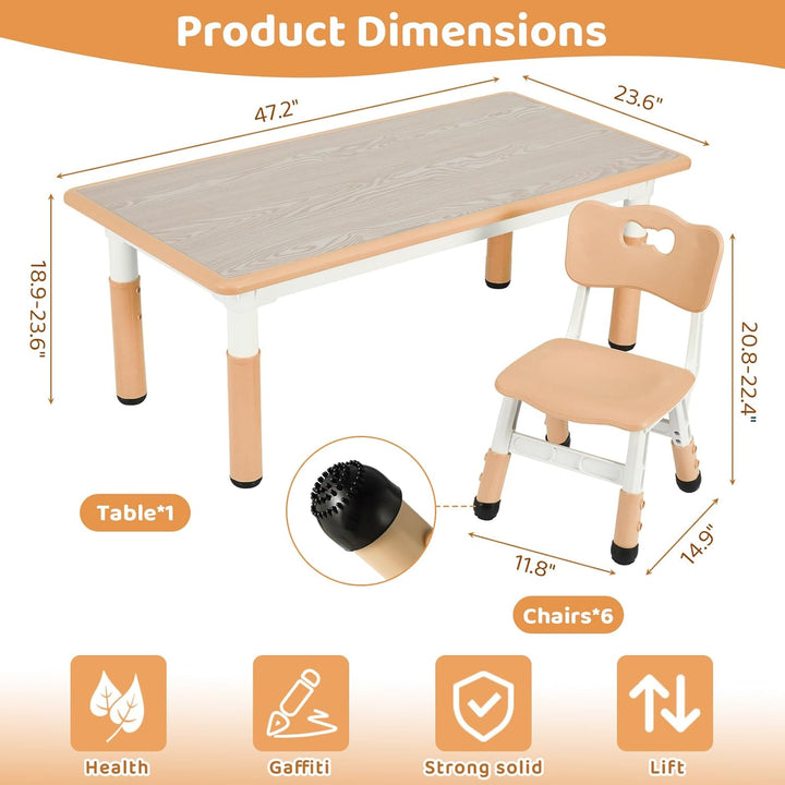 Clevich Kindertisch mit 6 Stühlen,Kinder Tisch Stuhl Set für Kindergarten und Kinderzimmer,Kindertis