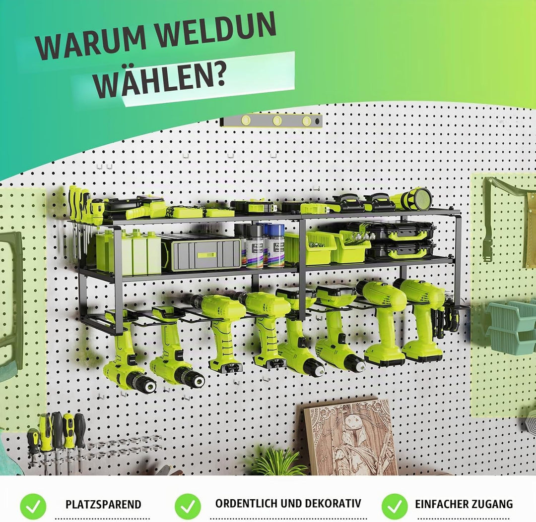 3 Ebenen Werkzeugspeicher für 8 Elektrowerkzeug, Wandhalterung Schlagbohrschrauber Werkzeugregal, We