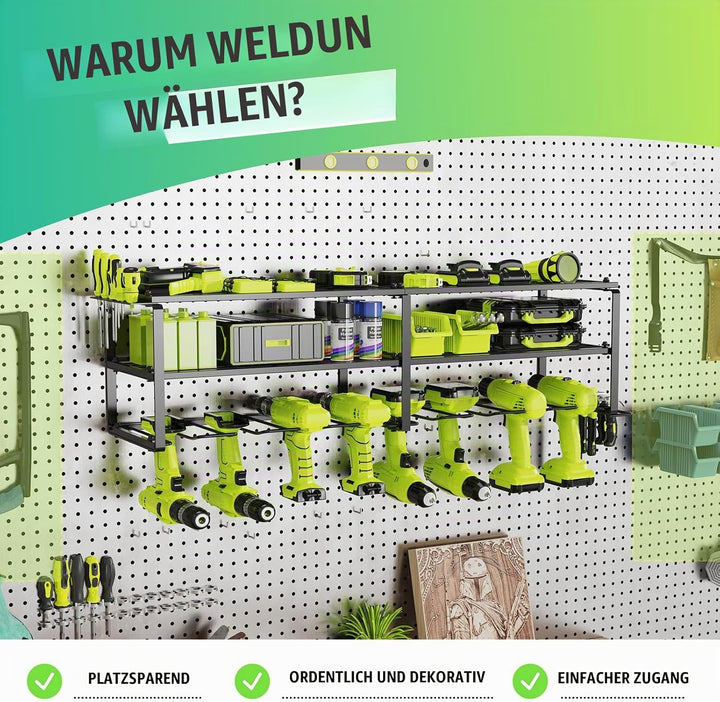 3 Ebenen Werkzeugspeicher für 8 Elektrowerkzeug, Wandhalterung Schlagbohrschrauber Werkzeugregal, We