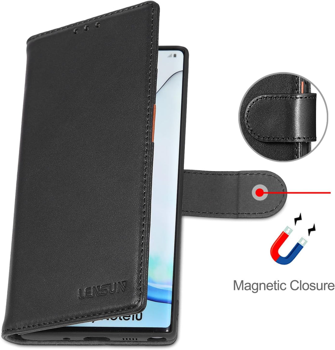 LENSUN Echtleder Hülle für Samsung Galaxy Note 10, Handyhülle [Echtes Leder] [Magnetverschluss] [RFI