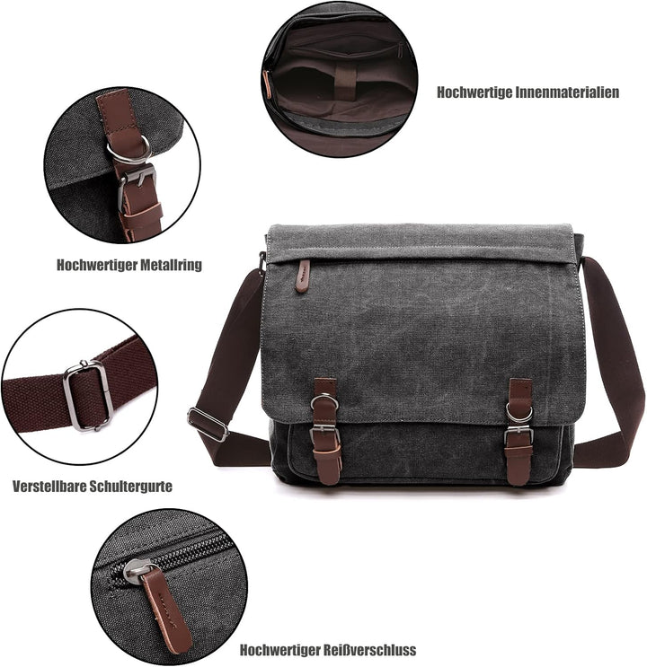 CALIYO Umhängetaschen Herren aus Canvas Schultasche Queformat A4 Laptoptasche für 15,6 Zoll Laptop A