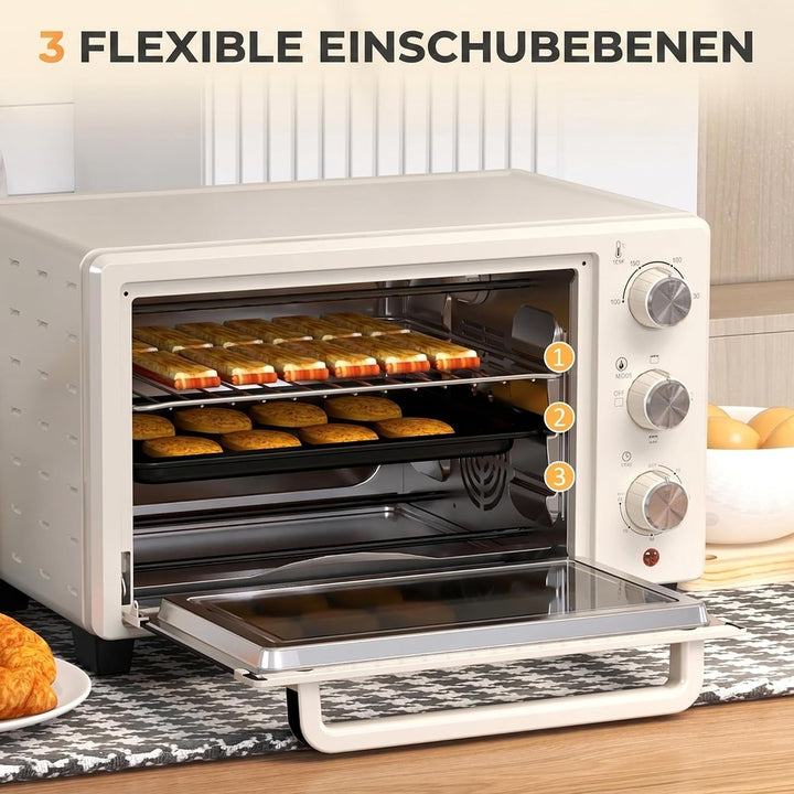 HOMCOM Mini Backofen 21L Pizza-Ofen, Miniofen inkl. Backblech, Grillrost und Krümmelblech, 1400W Tis
