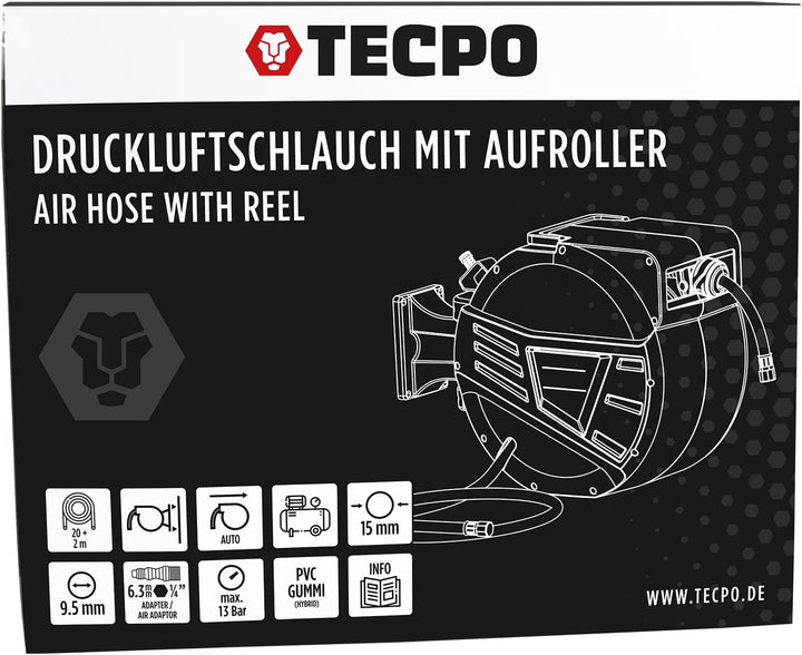 TECPO Druckluftschlauchtrommel Automatikschlauchtrommel 20 + 2 Meter Schlauchaufroller 1/4" Zoll Ans