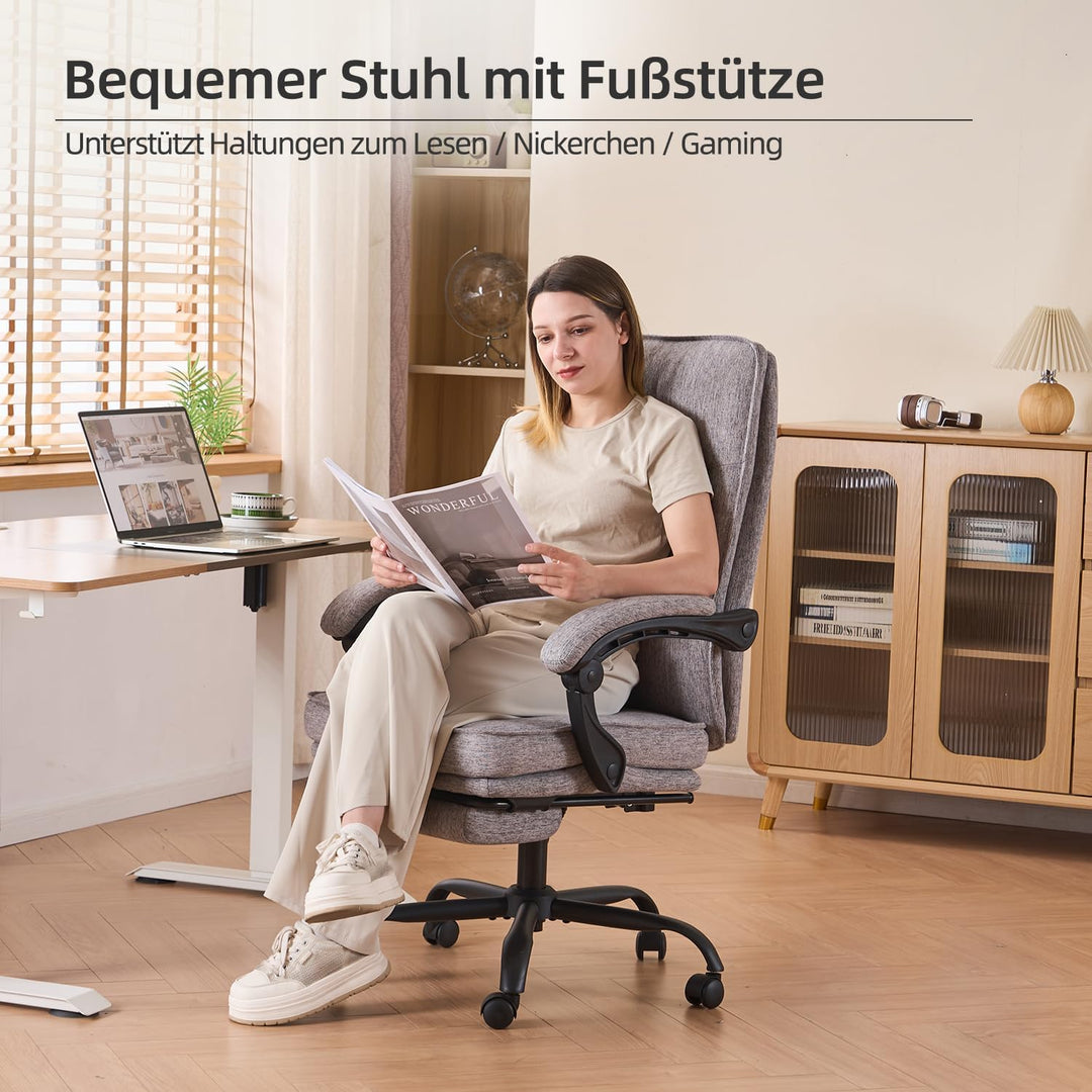 Ergonomischer Bürostuhl mit Liegefunktion, Fussstütze, 90°-135° Neigbar Schreibtischstuhl, Synchroni