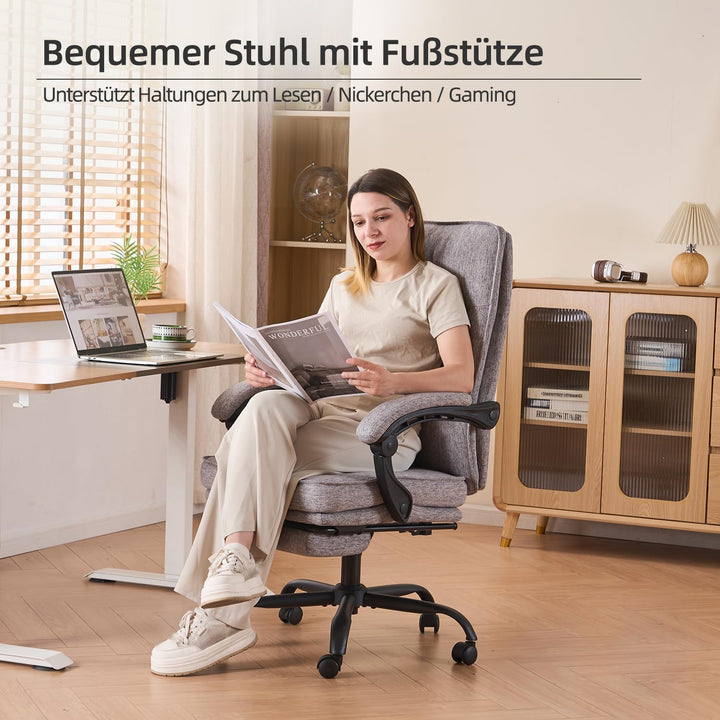 Ergonomischer Bürostuhl mit Liegefunktion, Fussstütze, 90°-135° Neigbar Schreibtischstuhl, Synchroni