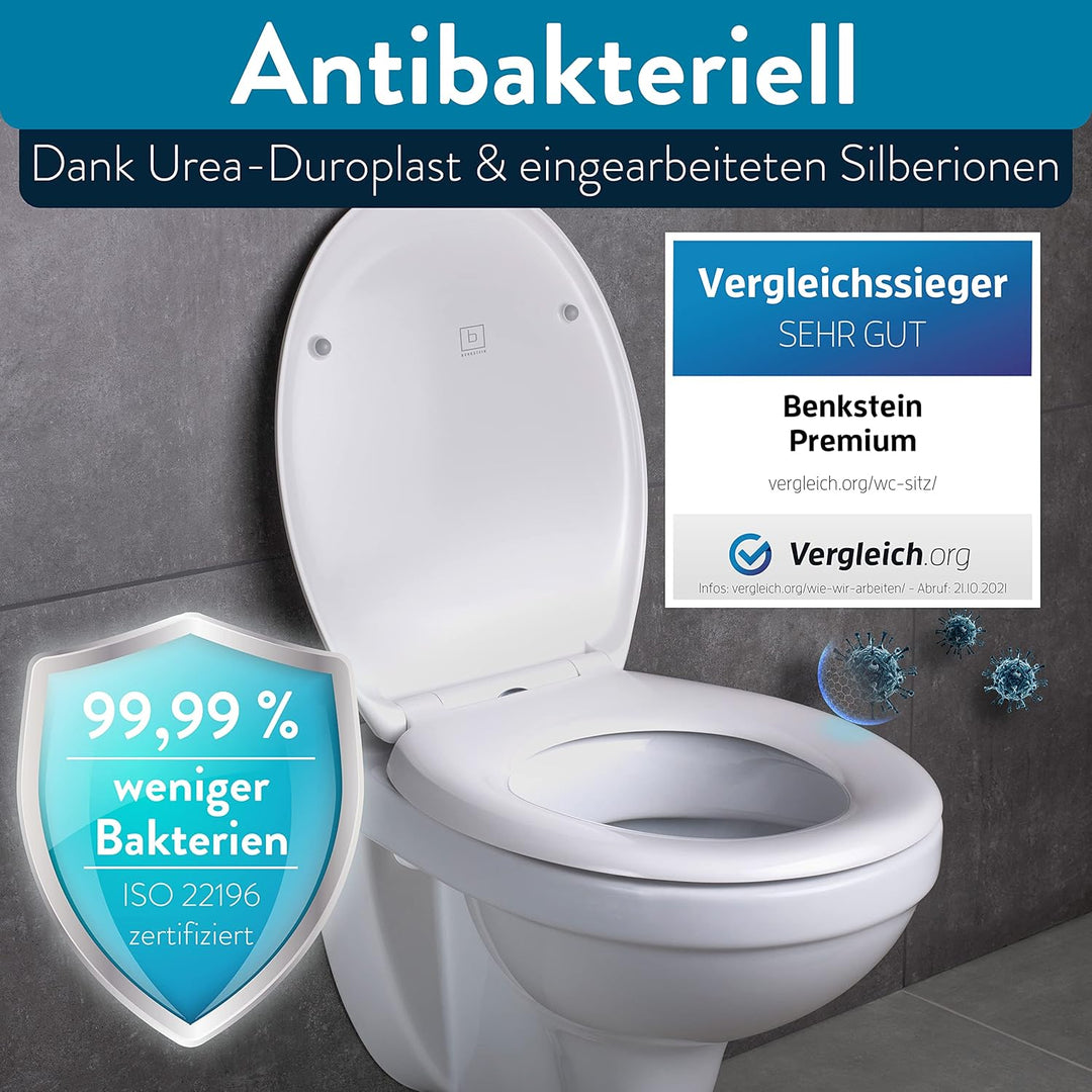 Benkstein® Premium Toilettendeckel antibakteriell oval weiss. Klodeckel mit Quick-Release-Funktion u
