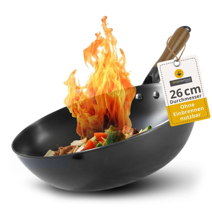 Der perfekte Wok, Ø 26cm – Robuster Carbonstahl-Wok mit flachem Boden - Holzgriff – Geeignet für Gas