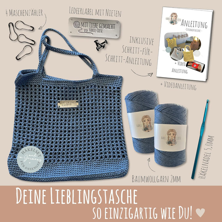 HÄKEL LIESE Häkelset Für Anfänger - Strandtasche Damen, Häkel Set für Anfänger Erwachsene, Häkelnade