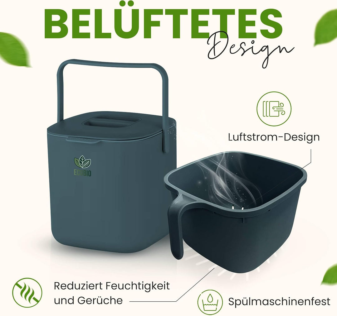 EcoBio Biomülleimer Küche - 7L Komposteimer Küche mit Deckel & Griff – Geruchsdicht & Spülmaschinenf