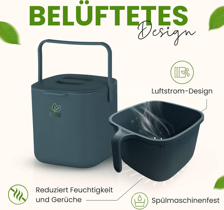 EcoBio Biomülleimer Küche - 7L Komposteimer Küche mit Deckel & Griff – Geruchsdicht & Spülmaschinenf