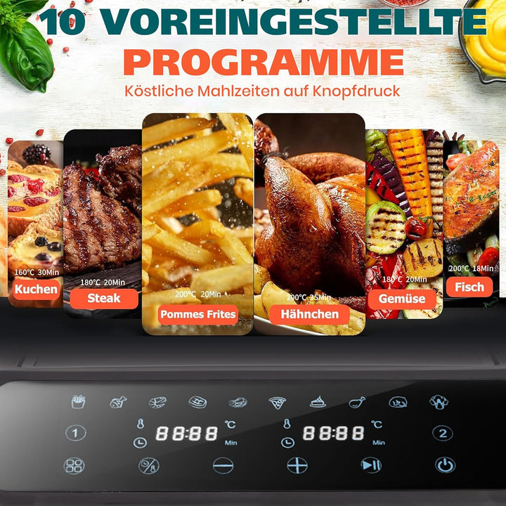 Heissluftfritteuse 9L XXL Profi • 2000W Dual-Zonen Technologie • 10-in-1 Automatikprogramme • 2x Ink