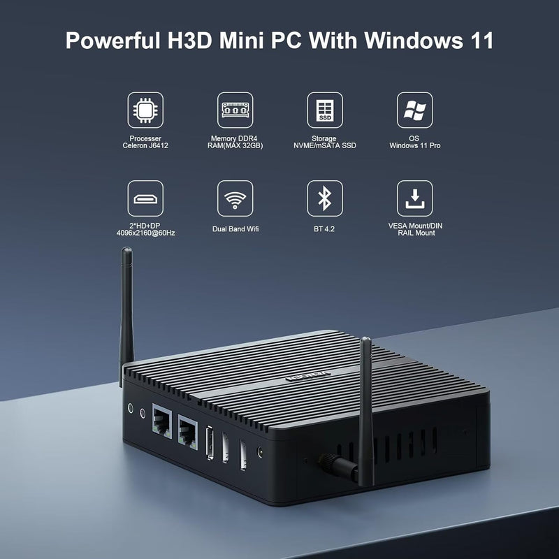 Windows 11 Lüfterloser Mini-PC Celeron J6412 der 12. Generation, 8GB RAM 128GB SSD, Dual HD, DP, dre