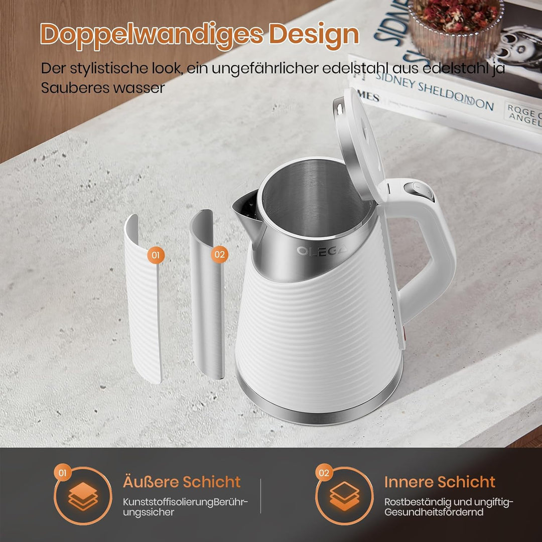OLEGA Wasserkocher 1800W - schnell kochender Heisswasserkessel, 1,8 l Abschaltautomatik Doppelschich