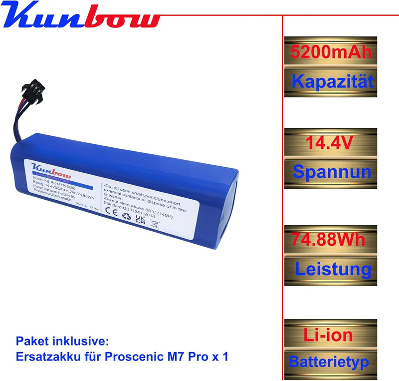 kunbow 5200mAh Li-Ion Akku, Ersatzakku für Proscenic M7 Pro, LDS M7 Pro, M8 Pro, M7 Max, U6, Xiaomi