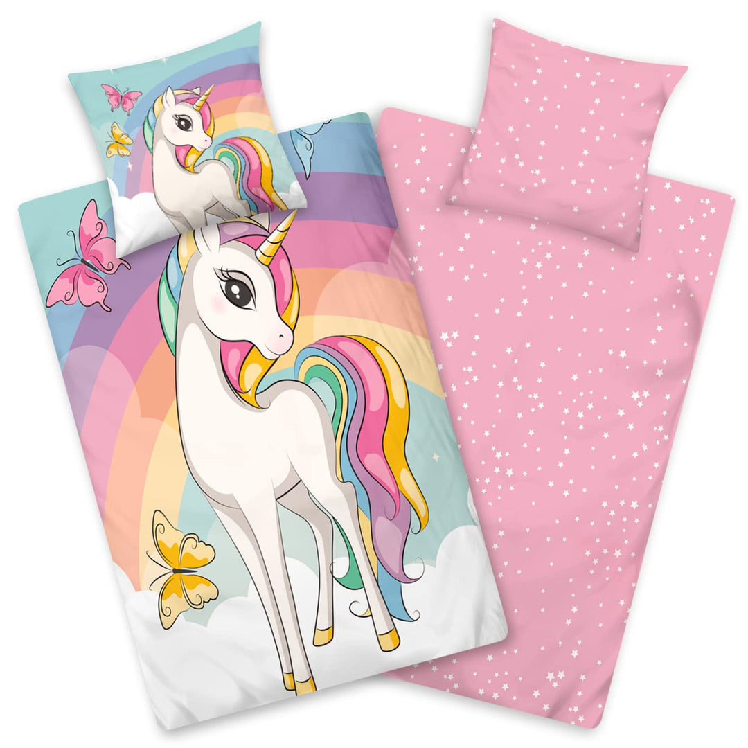 Aminata kids Bettwäsche 135 x 200 Einhorn-Motiv Mädchen Baumwolle, Reissverschluss, Kinder-Wende-Bet