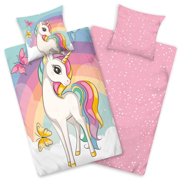 Aminata kids Bettwäsche 135 x 200 Einhorn-Motiv Mädchen Baumwolle, Reissverschluss, Kinder-Wende-Bet