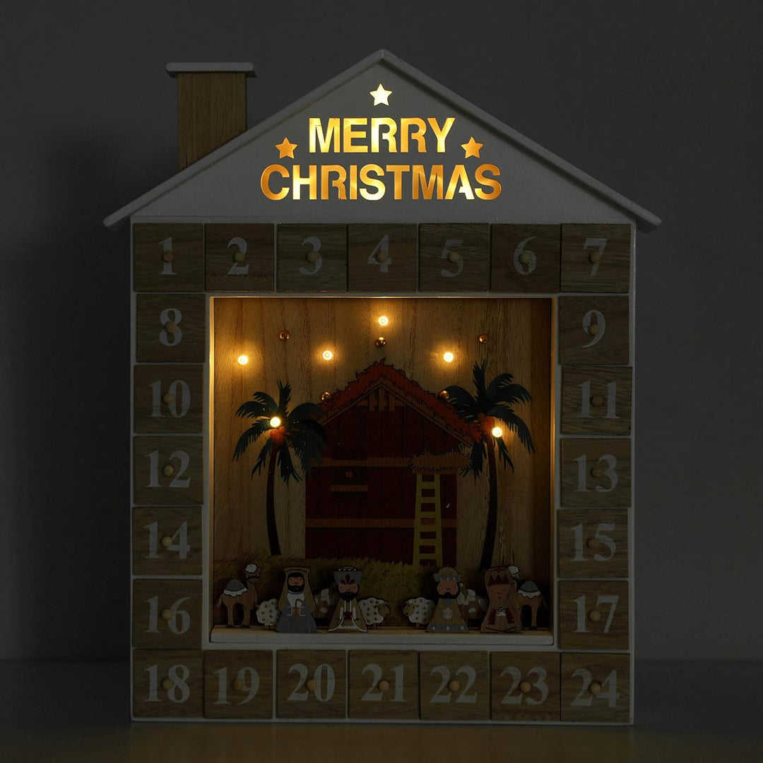 BRUBAKER Adventskalender aus Holz zum Befüllen - Bibelgeschichte Krippe mit LED Beleuchtung - Wieder