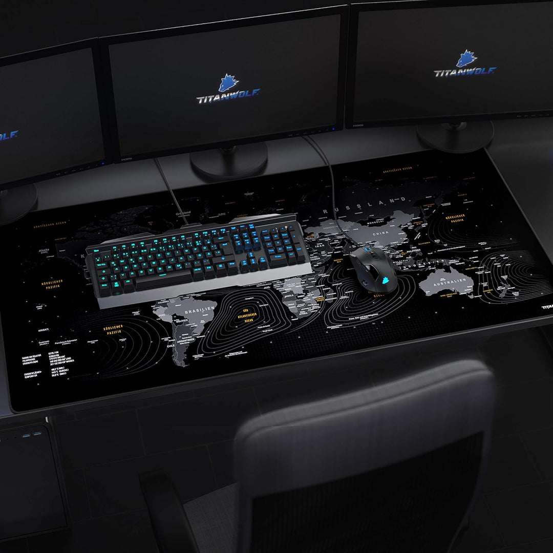 Titanwolf - Übergrösse DEUTSCHES Layout Mauspad 1200x600mm Weltkarte - XXXL Mousepad gross mit Motiv