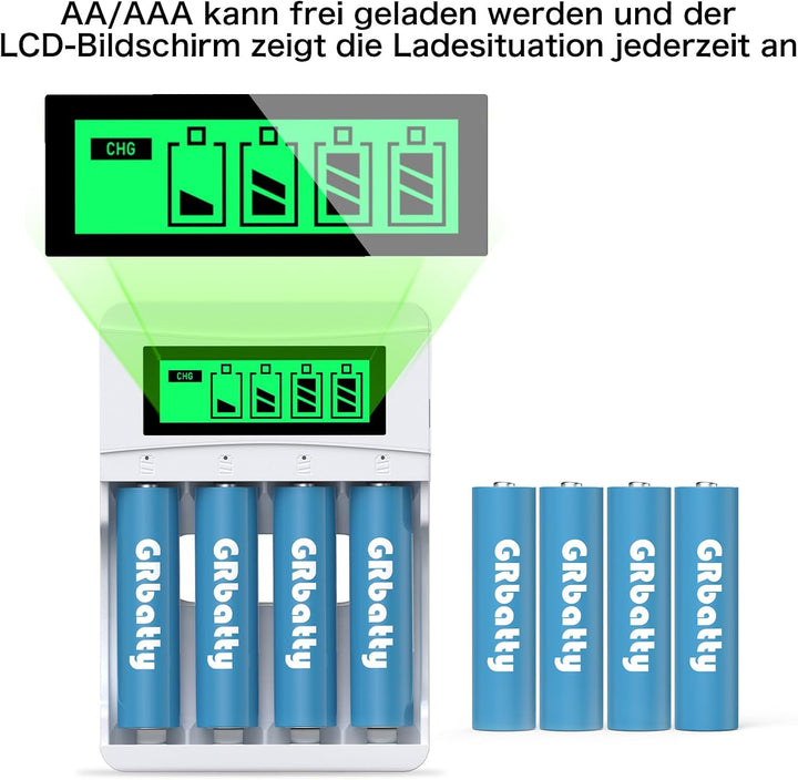 GRbatty 8 AA NiMH Wiederaufladbare Akkus 3300mAh -1.2V Hohe Kapazität 1200 Zyklen Vorgeladene Doppel
