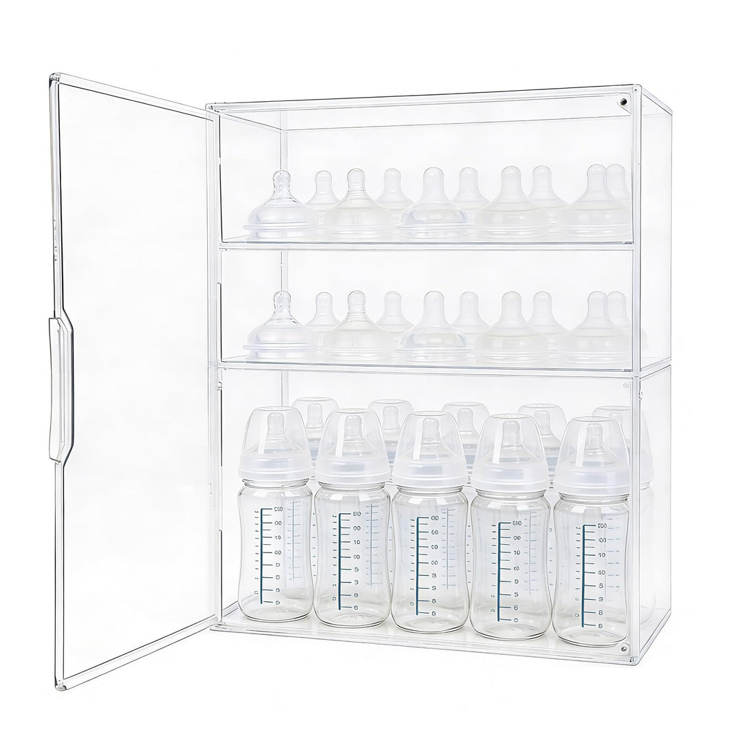 Babyflasche Organizer, 3-Etagen Klar Acryl Lagerung Box mit 2 Entfernbar Trennwände & Magnet Tür Gro