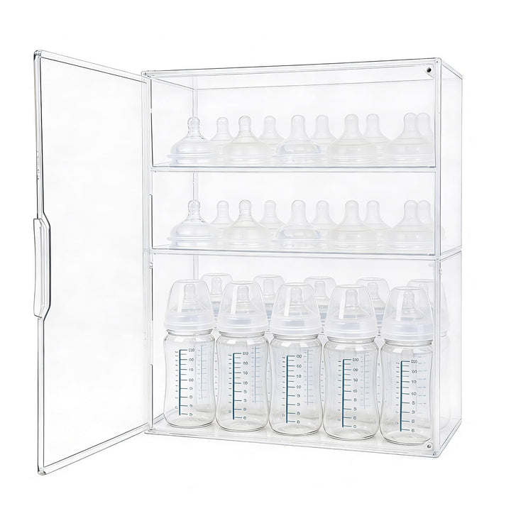 Babyflasche Organizer, 3-Etagen Klar Acryl Lagerung Box mit 2 Entfernbar Trennwände & Magnet Tür Gro