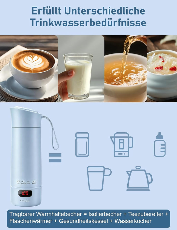 Reisewasserkocher Klein, 450ml Tragbarer Mini Wasserkocher mit 6 Temperatureinstellung LED-Display E