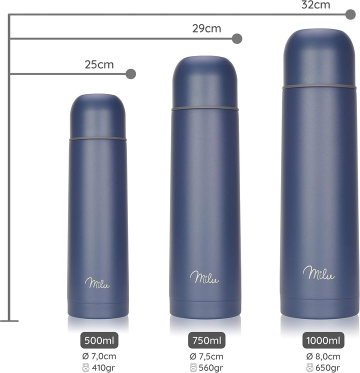 Milu Thermosflasche Thermoskanne Isolierflasche 1L, 750ml, 500ml - Isolierte Edelstahl Trinkflasche,