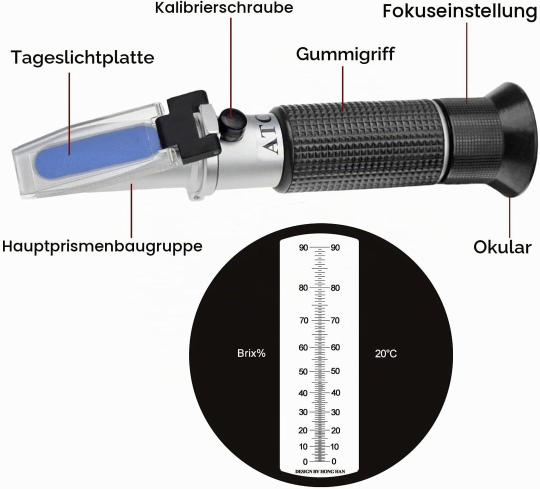 HHTEC Refraktometer 0-90% Brix Handrefraktometer zur Bestimmung des Zuckergehalts von Honig Pflanzen