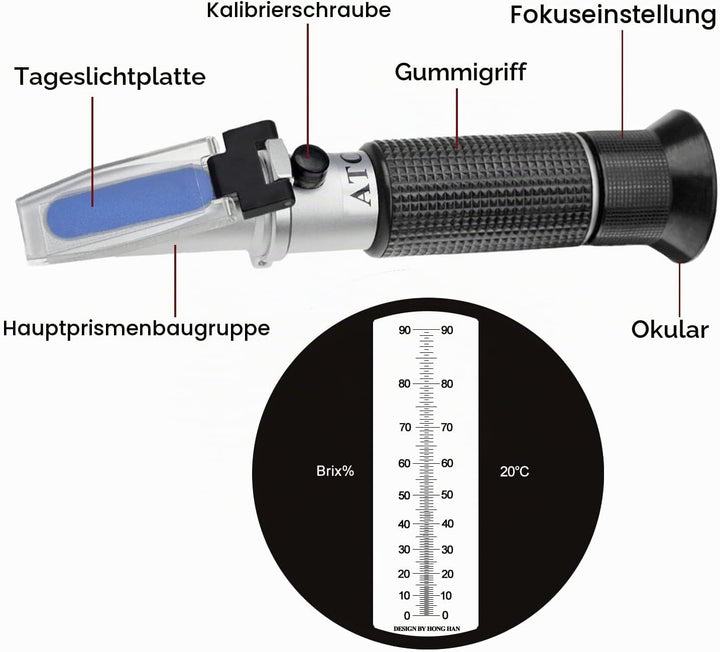 HHTEC Refraktometer 0-90% Brix Handrefraktometer zur Bestimmung des Zuckergehalts von Honig Pflanzen